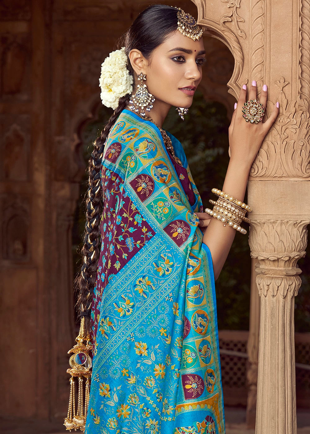 Mulberry Purple Floral Printed Silk Saree