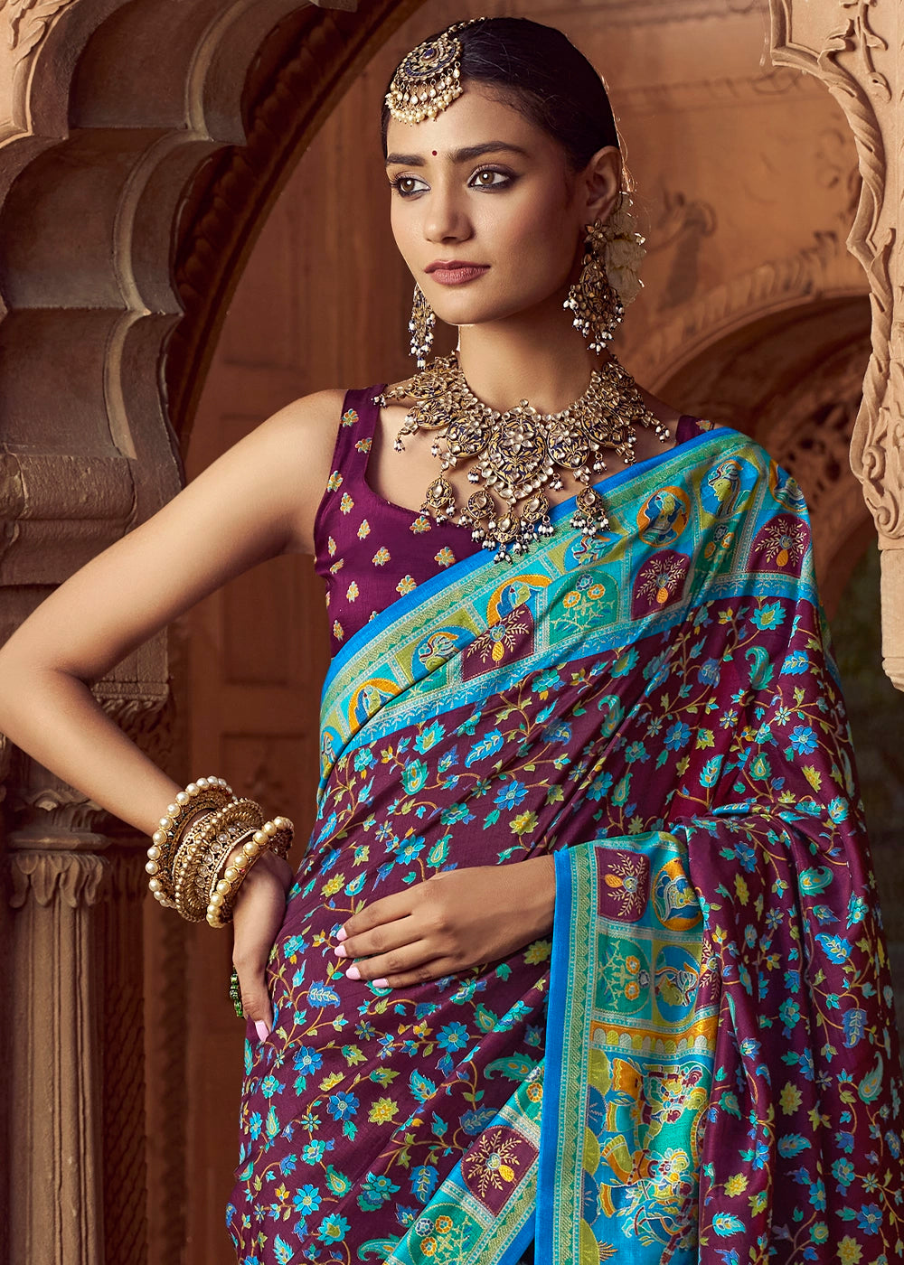 Mulberry Purple Floral Printed Silk Saree