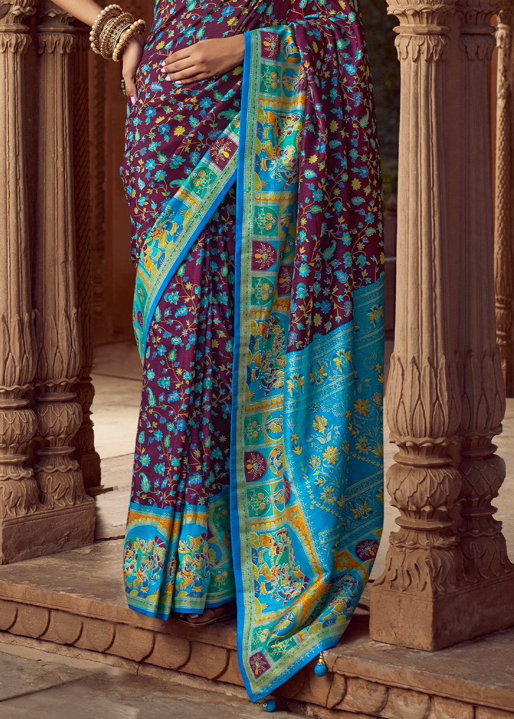 Mulberry Purple Floral Printed Silk Saree