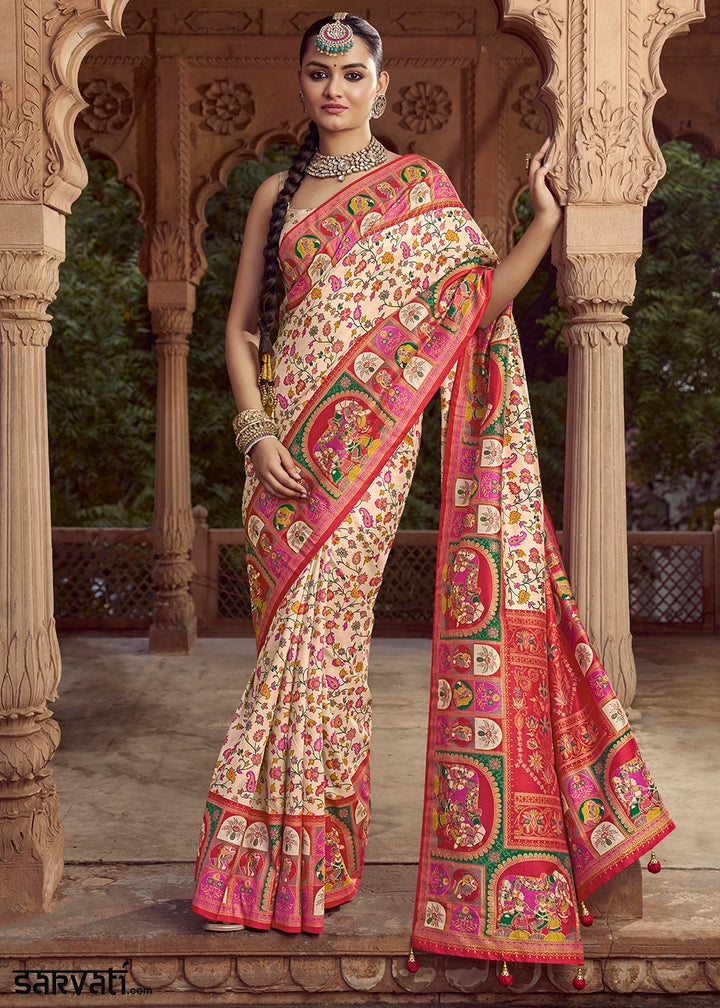 Cream White Floral Printed Silk Saree