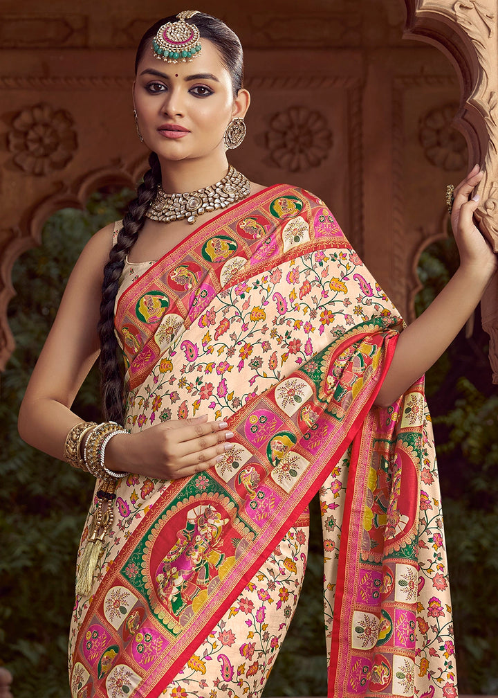 Cream White Floral Printed Silk Saree