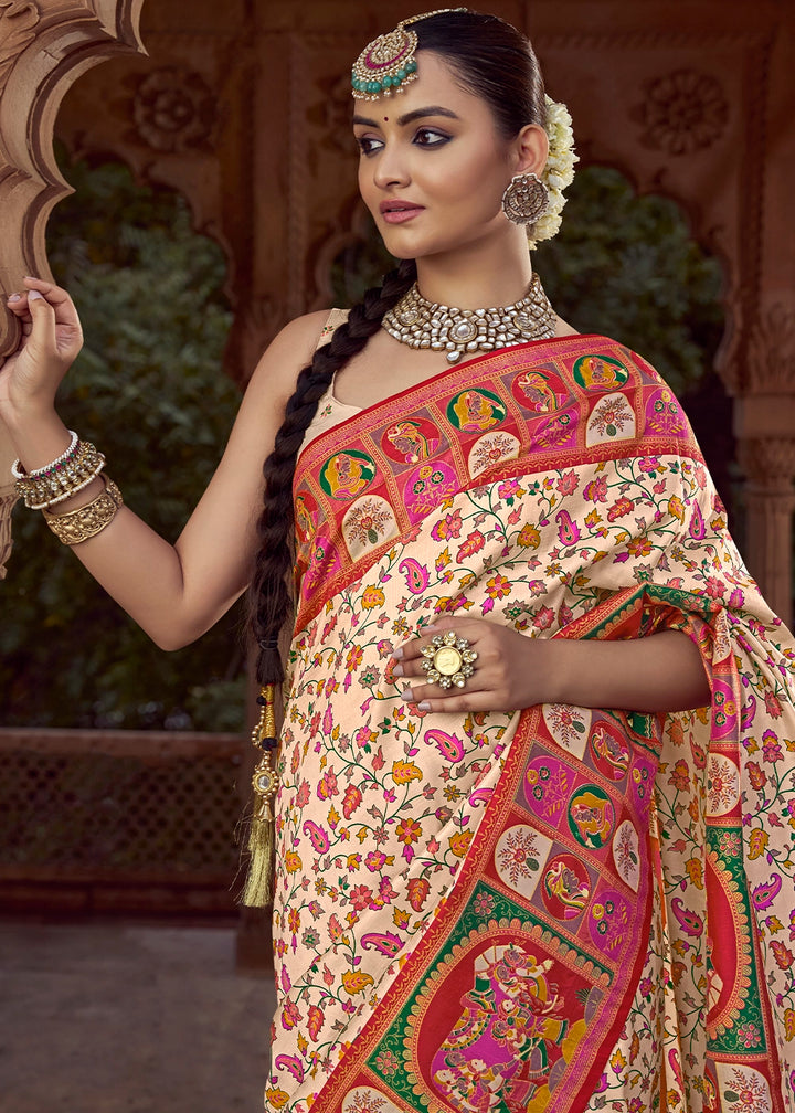 Cream White Floral Printed Silk Saree