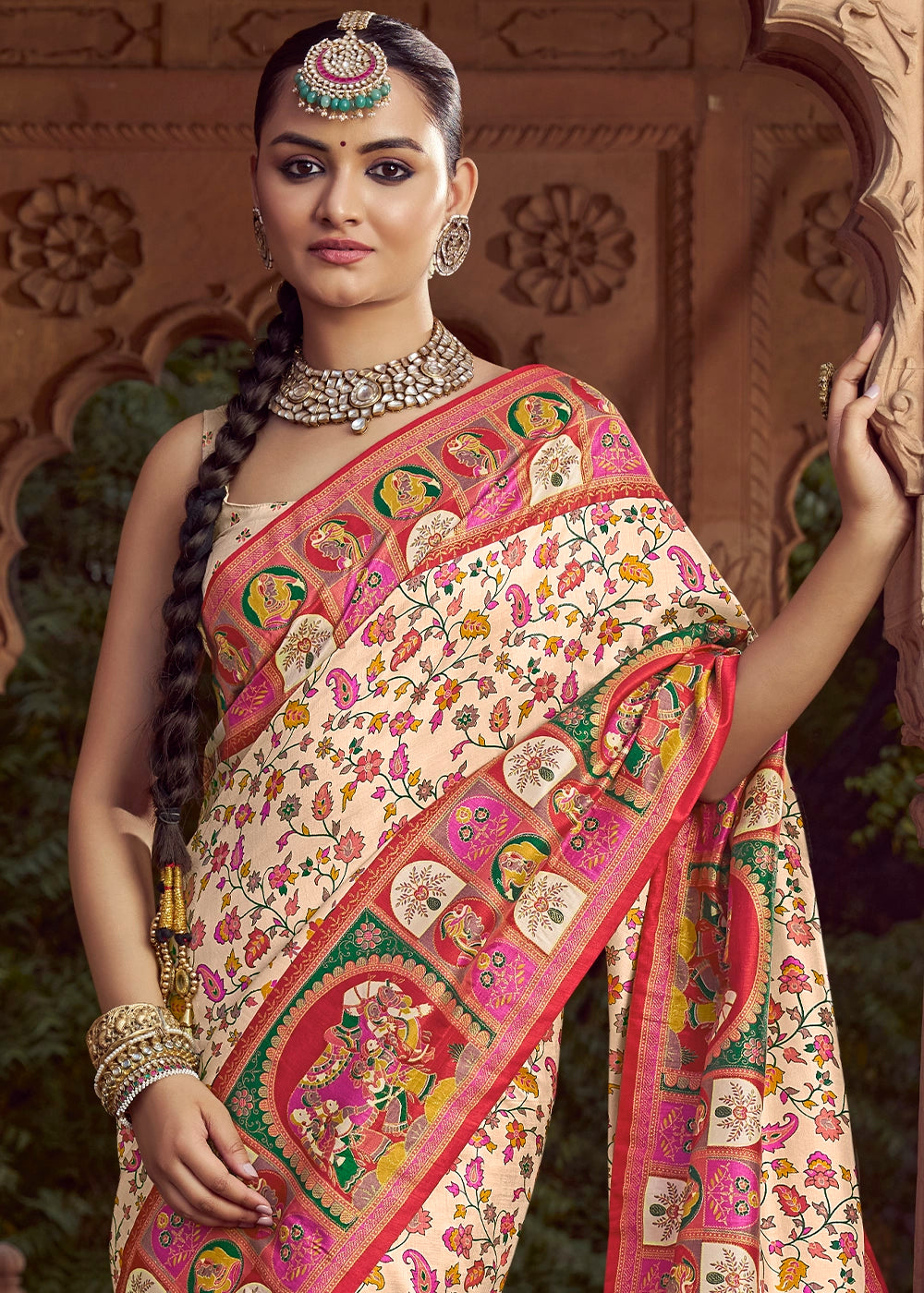 Cream White Floral Printed Silk Saree