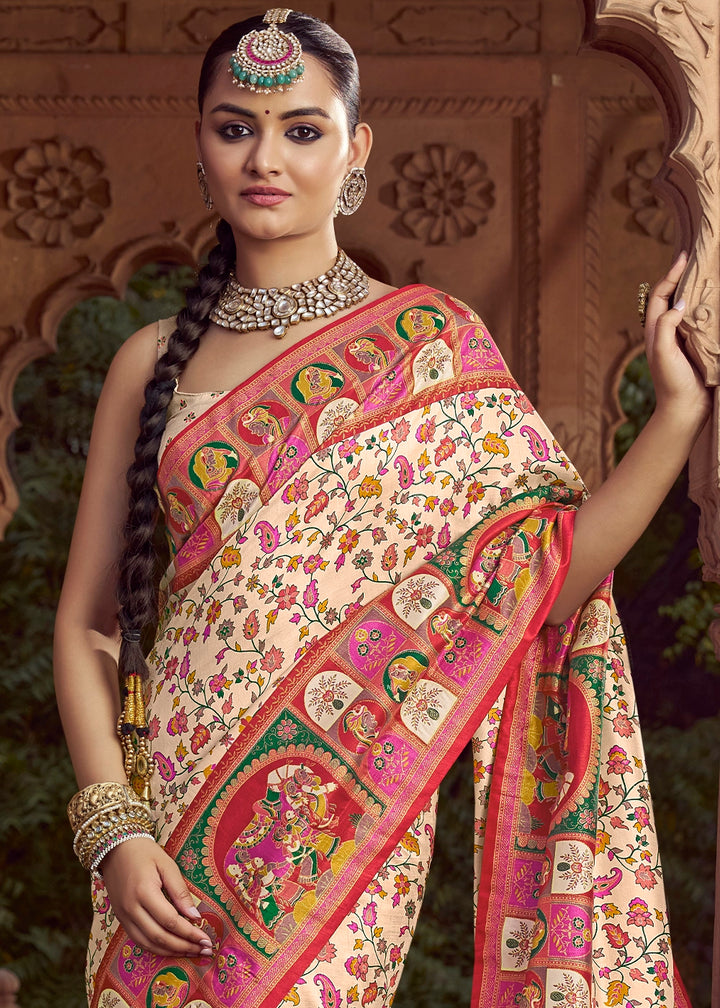 Cream White Floral Printed Silk Saree