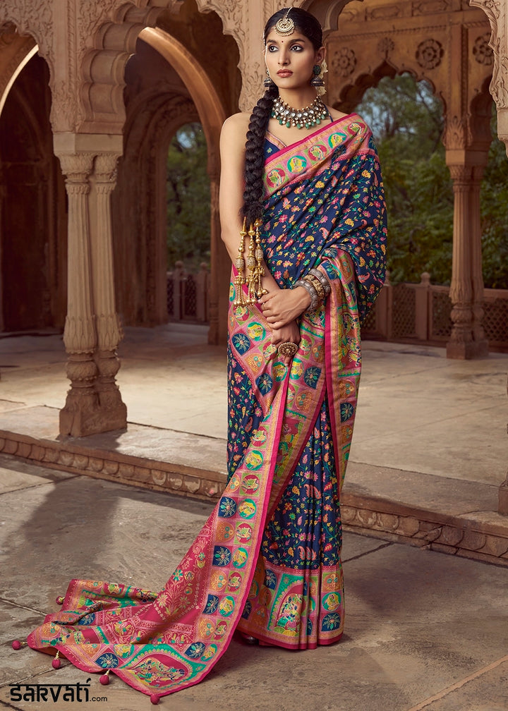 Navy Blue Floral Printed Silk Saree