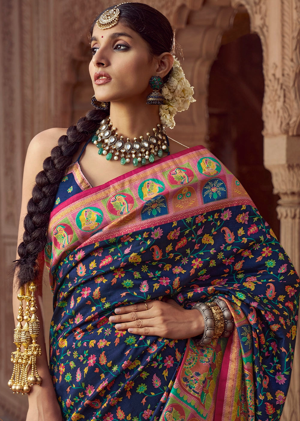 Navy Blue Floral Printed Silk Saree