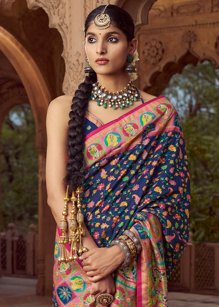 Navy Blue Floral Printed Silk Saree