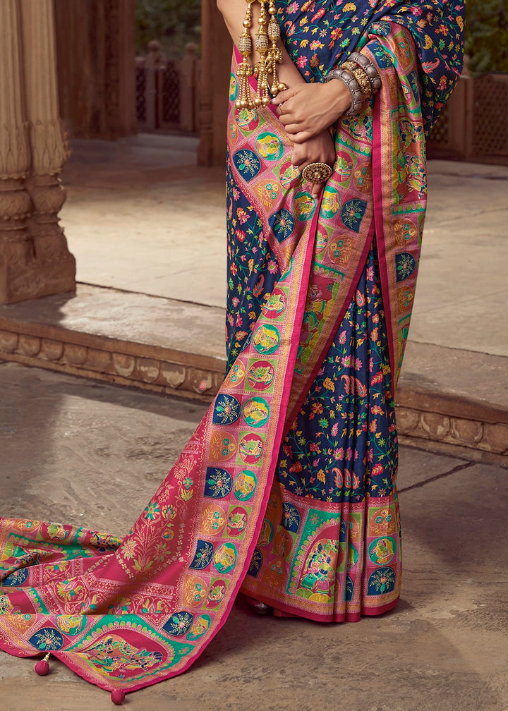 Navy Blue Floral Printed Silk Saree
