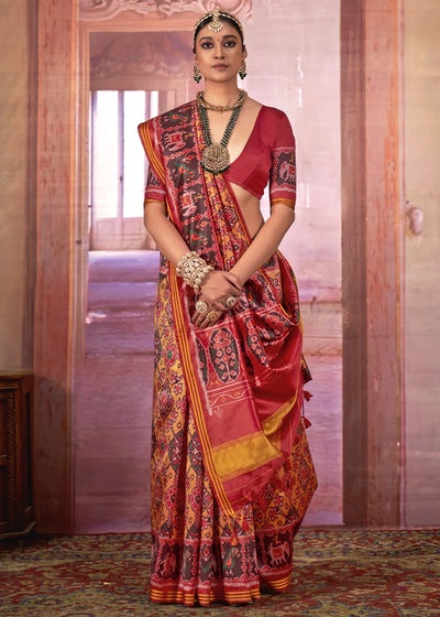 Yellow & Red Patan Patola Printed Silk Saree