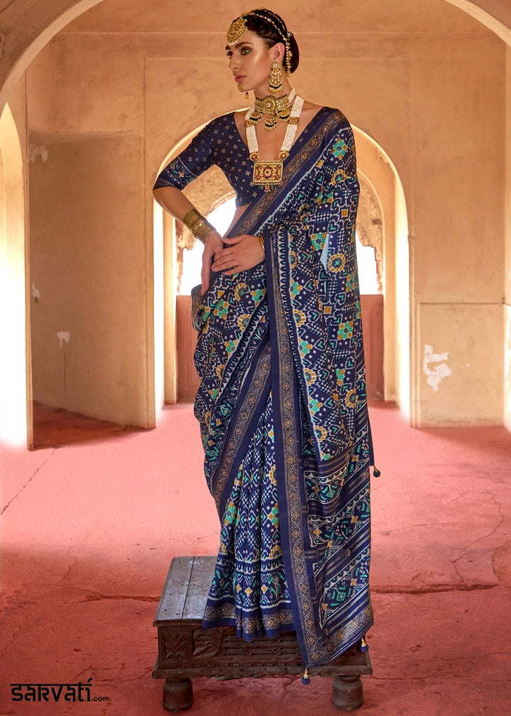 Navy Blue Silk Saree with Patola Pattern & Stone Stud Work