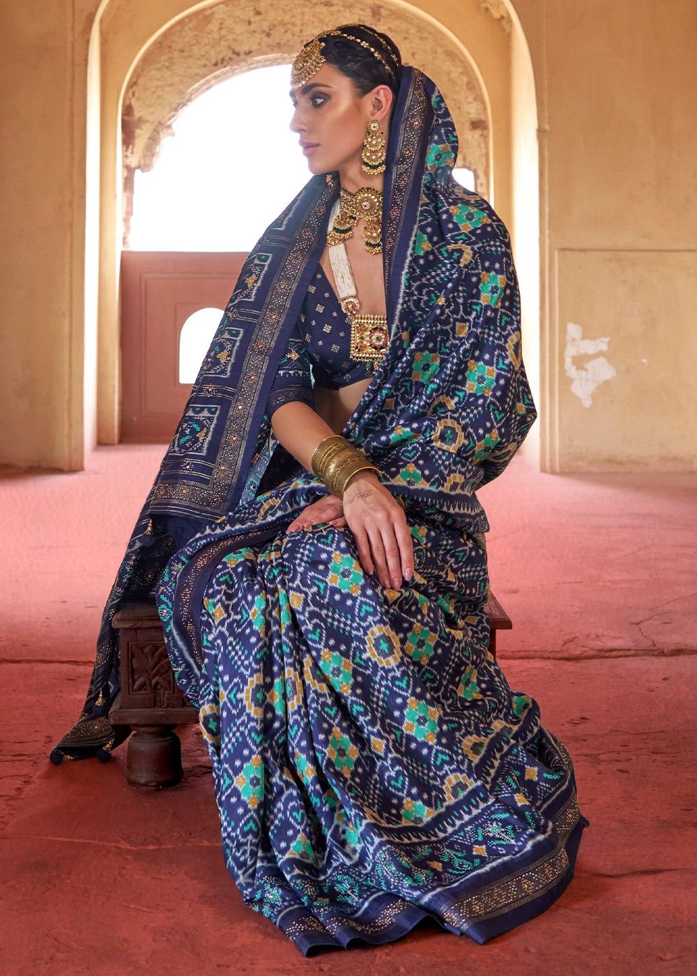 Navy Blue Silk Saree with Patola Pattern & Stone Stud Work