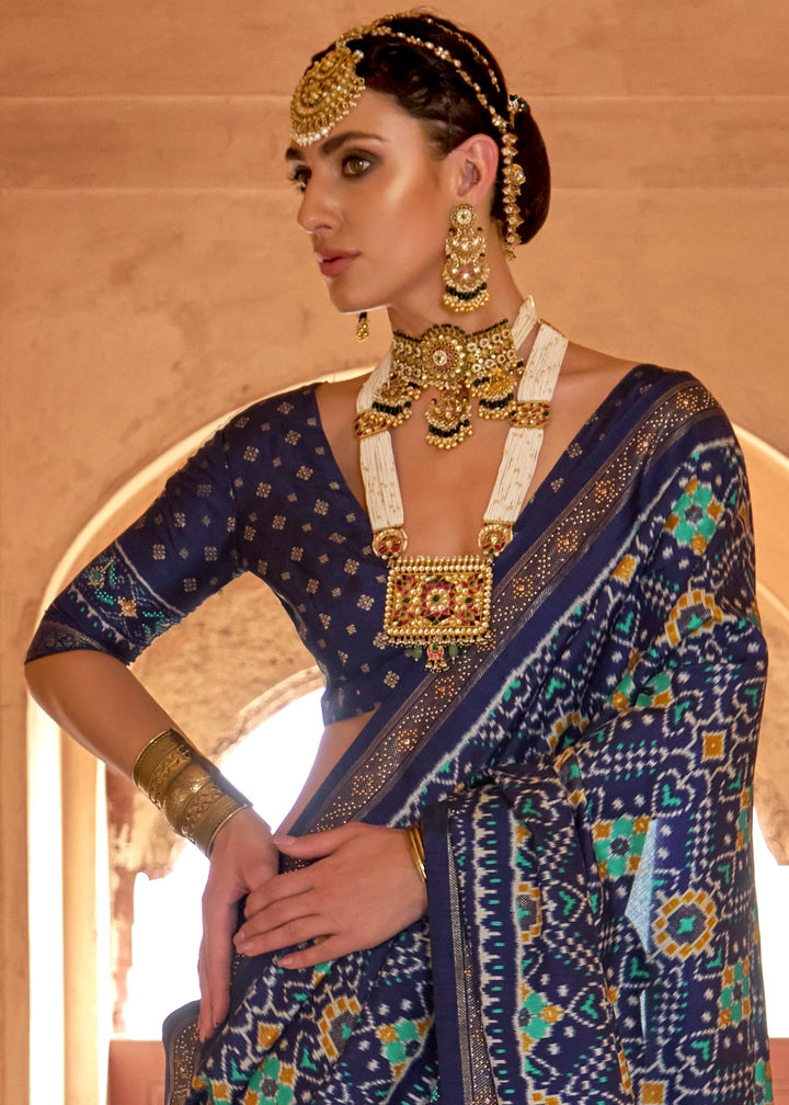 Navy Blue Silk Saree with Patola Pattern & Stone Stud Work