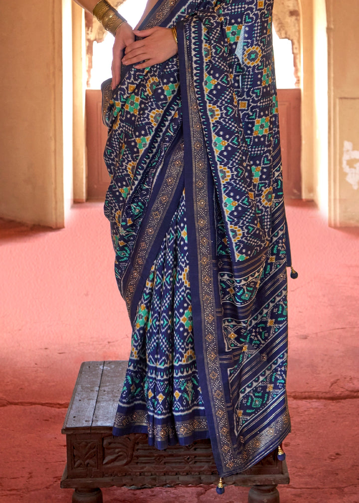 Navy Blue Silk Saree with Patola Pattern & Stone Stud Work