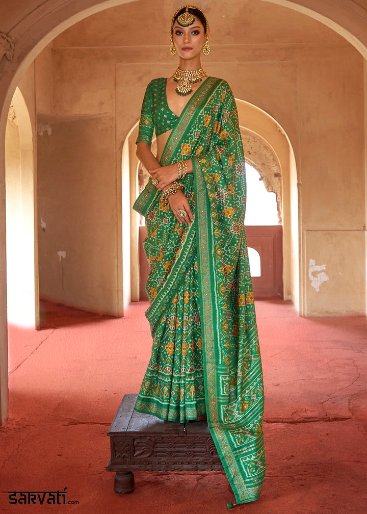 Kelly Green Silk Saree with Patola Pattern & Stone Stud Work