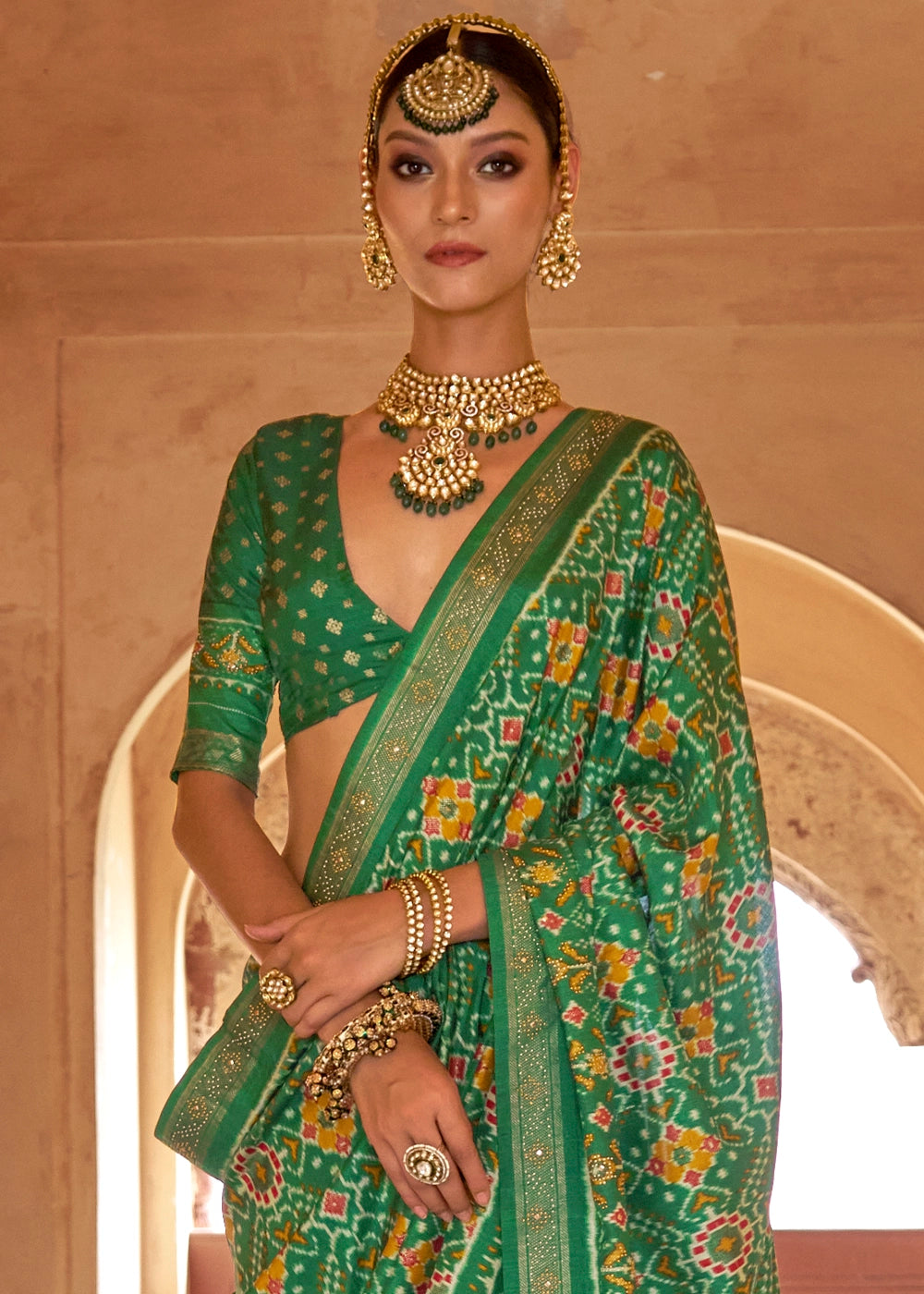Kelly Green Silk Saree with Patola Pattern & Stone Stud Work