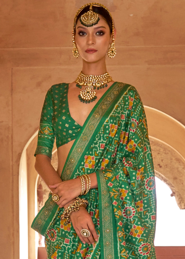 Kelly Green Silk Saree with Patola Pattern & Stone Stud Work