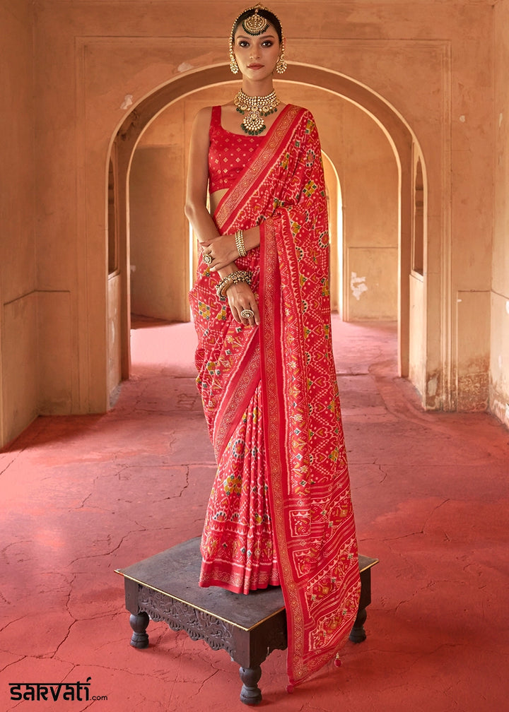 Persian Red Silk Saree with Patola Pattern & Stone Stud Work