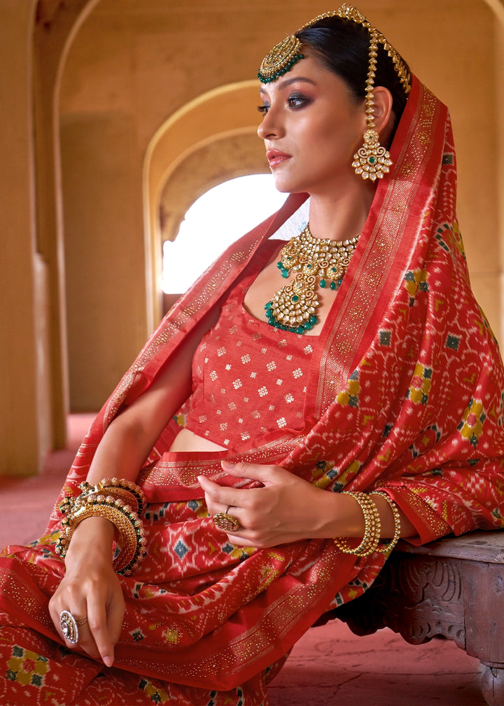 Persian Red Silk Saree with Patola Pattern & Stone Stud Work