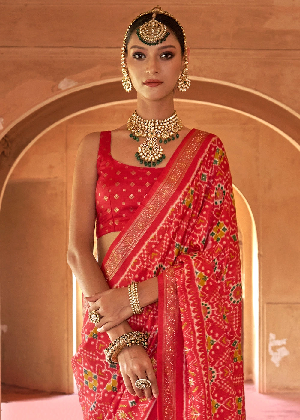 Persian Red Silk Saree with Patola Pattern & Stone Stud Work