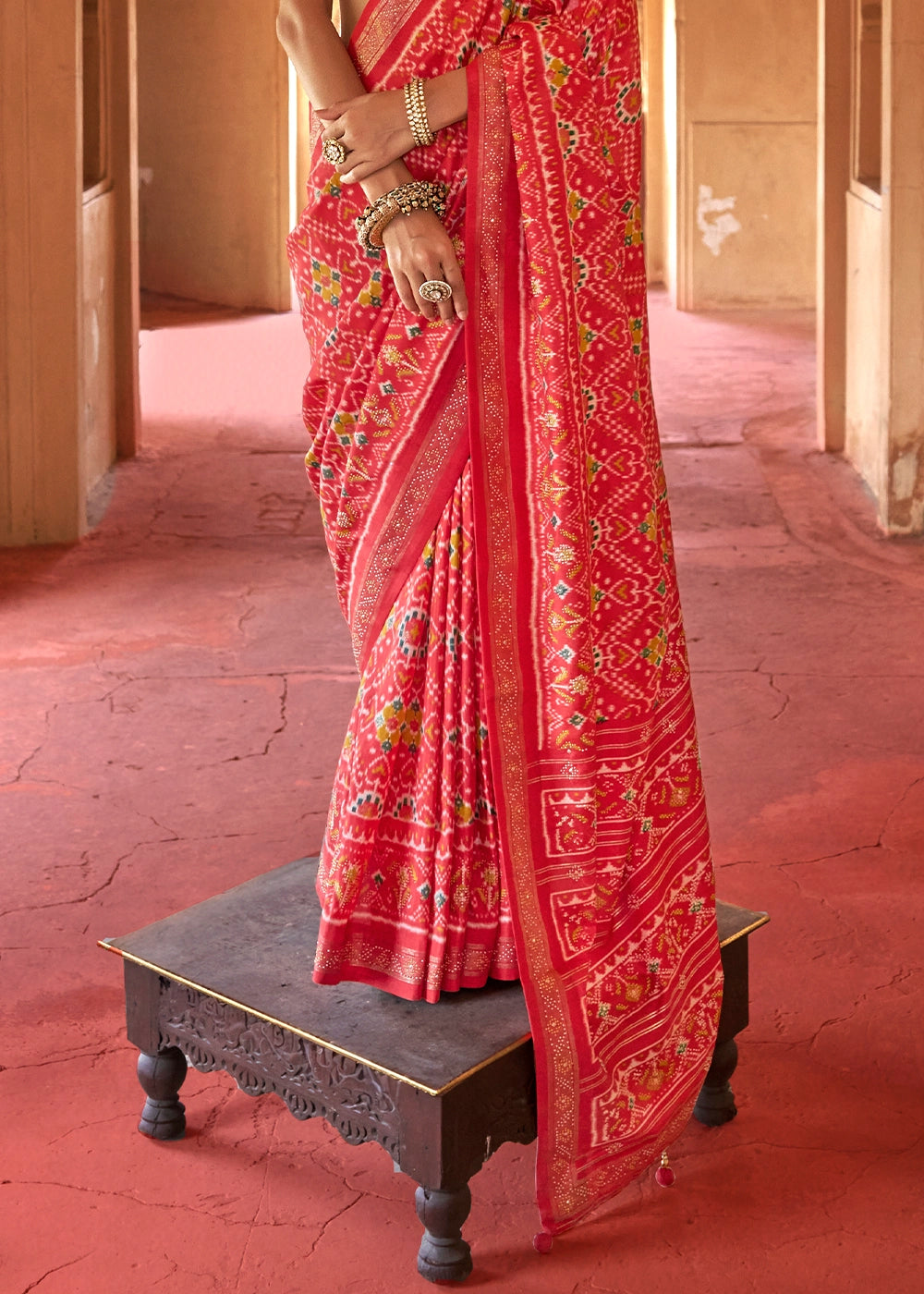 Persian Red Silk Saree with Patola Pattern & Stone Stud Work