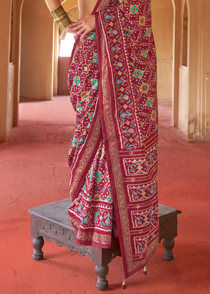 Boysenberry Purple Silk Saree with Patola Pattern & Stone Stud Work