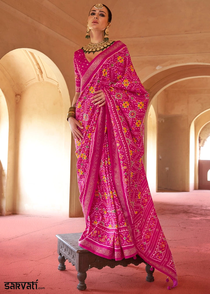Hot Pink Silk Saree with Patola Pattern & Stone Stud Work