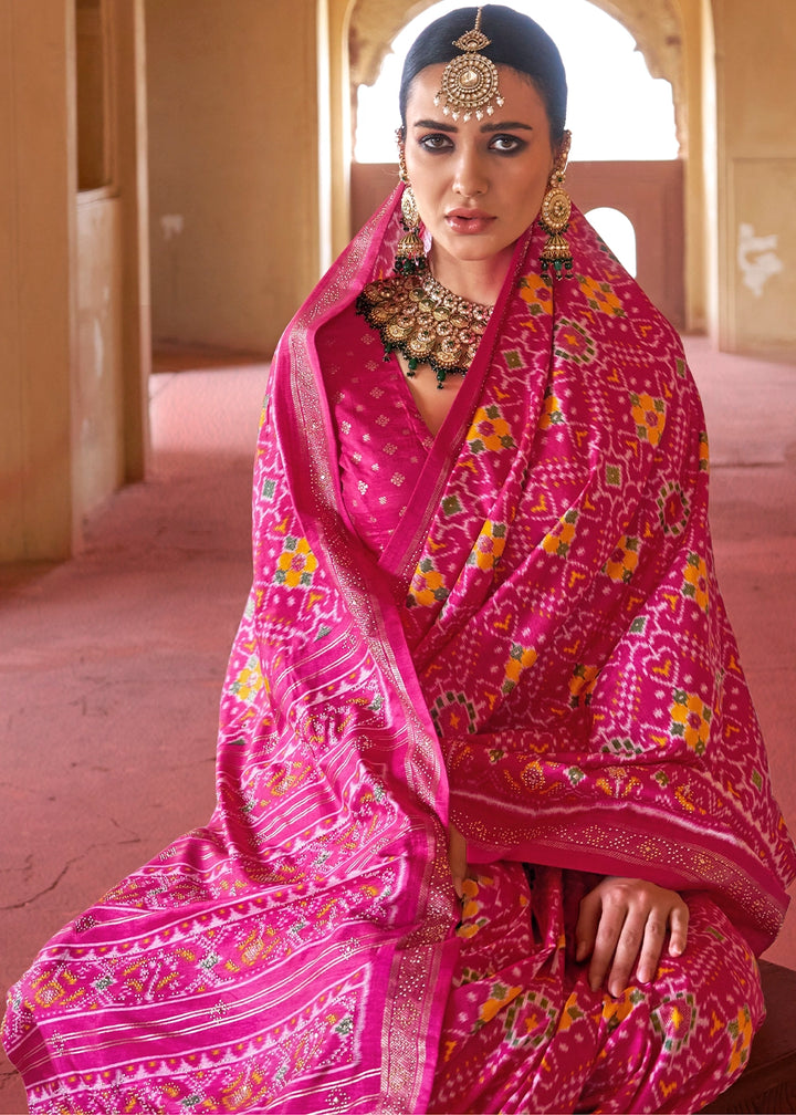 Hot Pink Silk Saree with Patola Pattern & Stone Stud Work