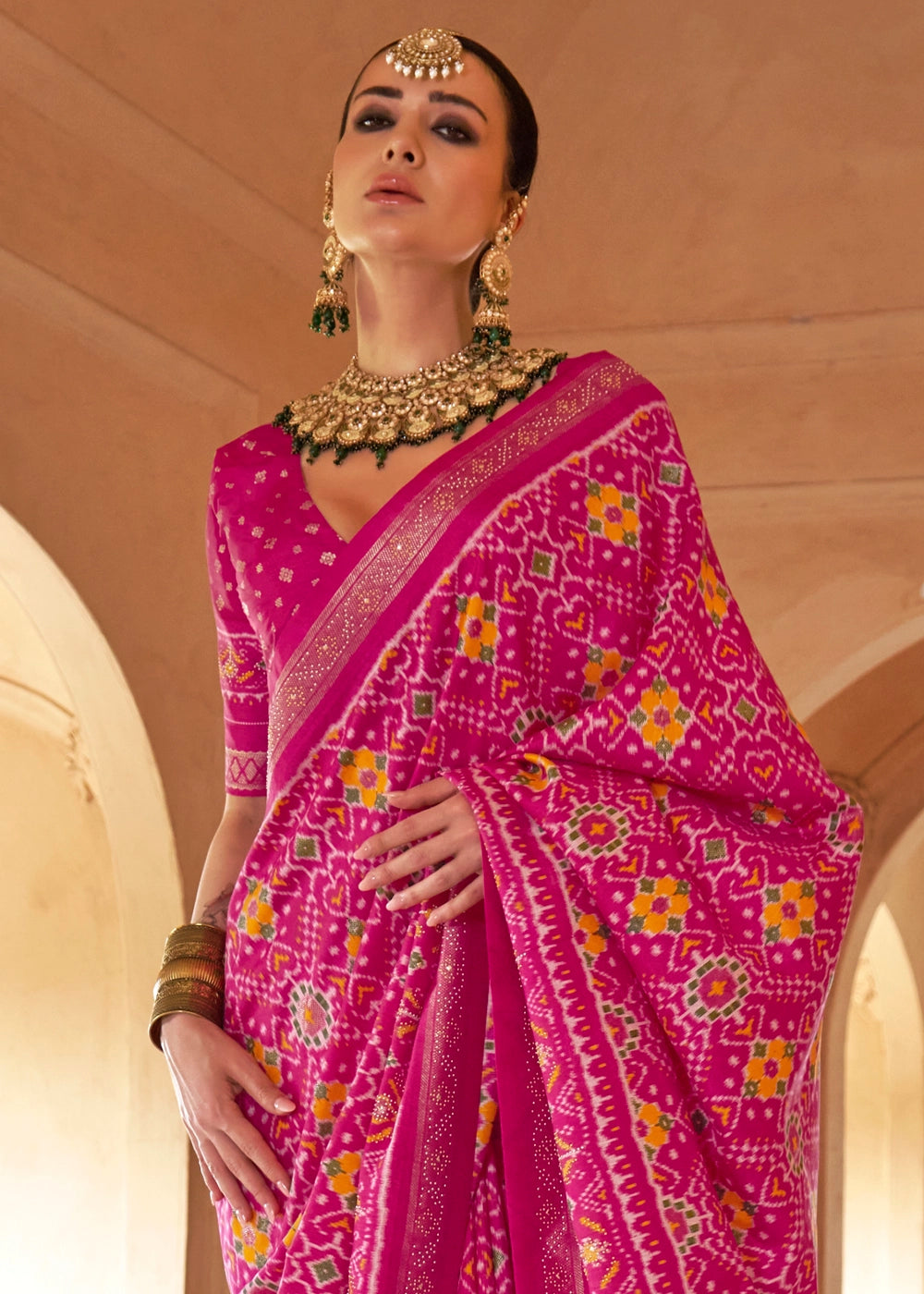 Hot Pink Silk Saree with Patola Pattern & Stone Stud Work