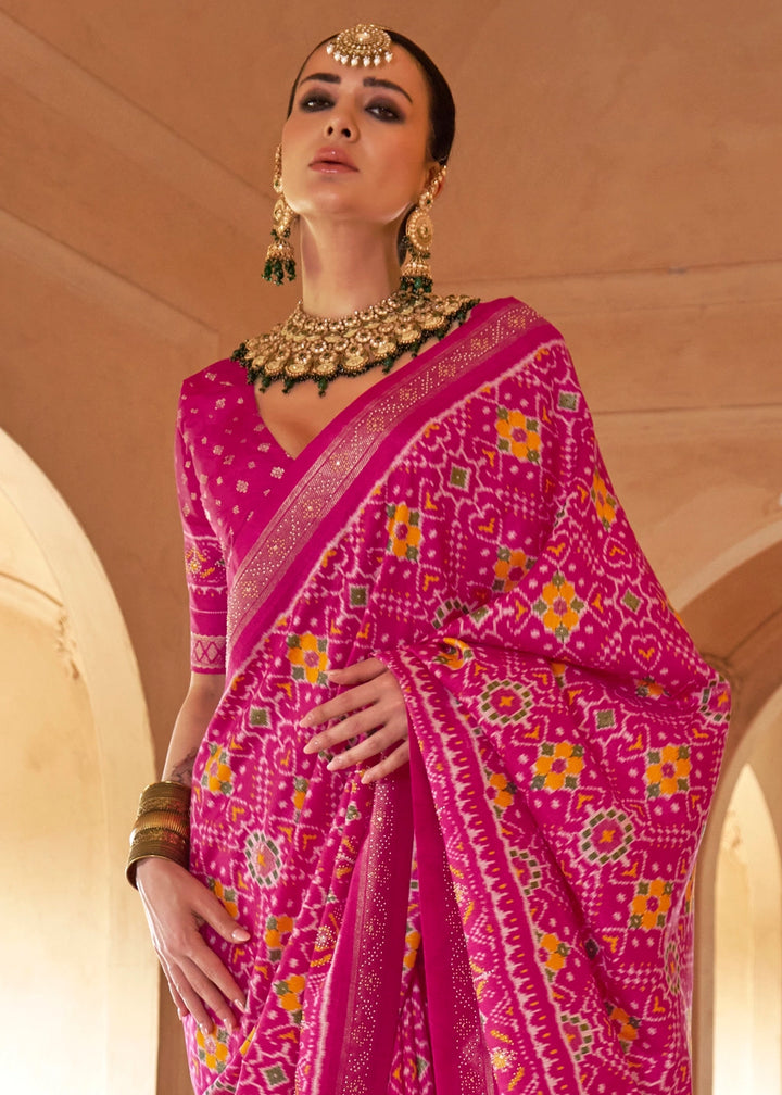 Hot Pink Silk Saree with Patola Pattern & Stone Stud Work