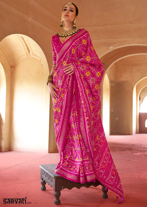 Hot Pink Silk Saree with Patola Pattern & Stone Stud Work
