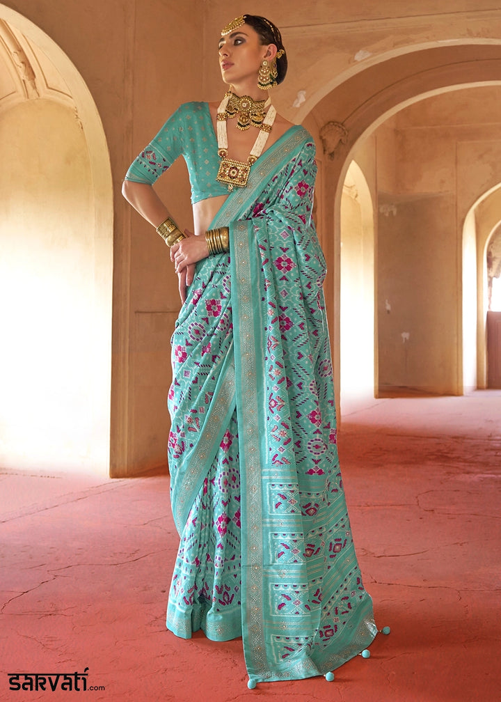 Navy Blue Silk Saree with Patola Pattern & Stone Stud Work