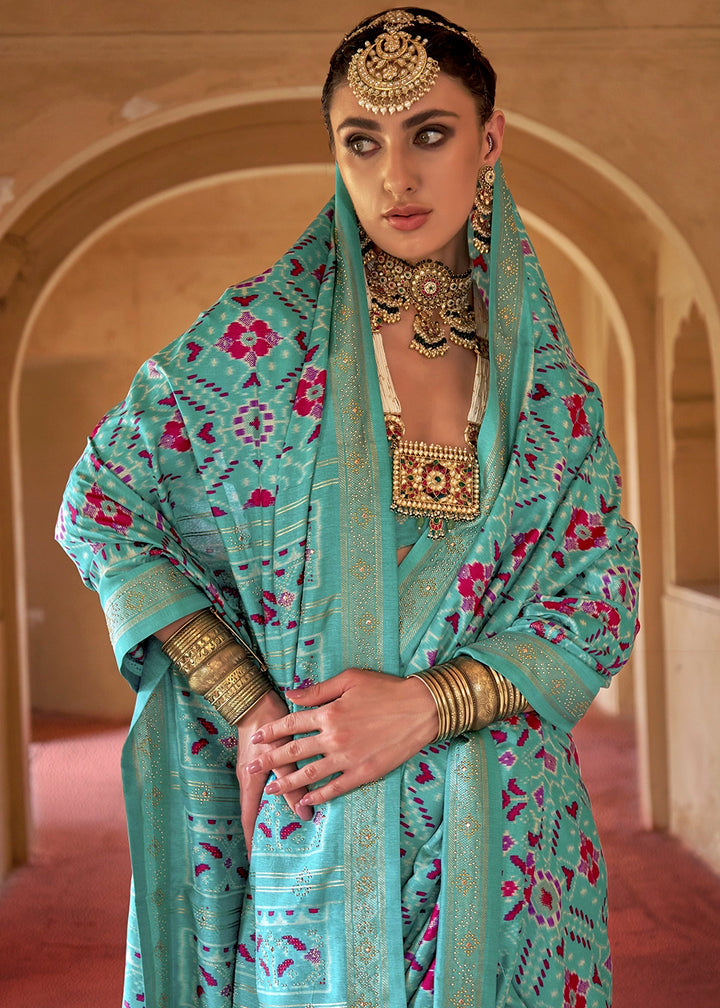 Navy Blue Silk Saree with Patola Pattern & Stone Stud Work
