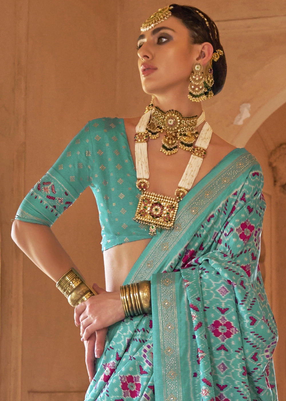Navy Blue Silk Saree with Patola Pattern & Stone Stud Work