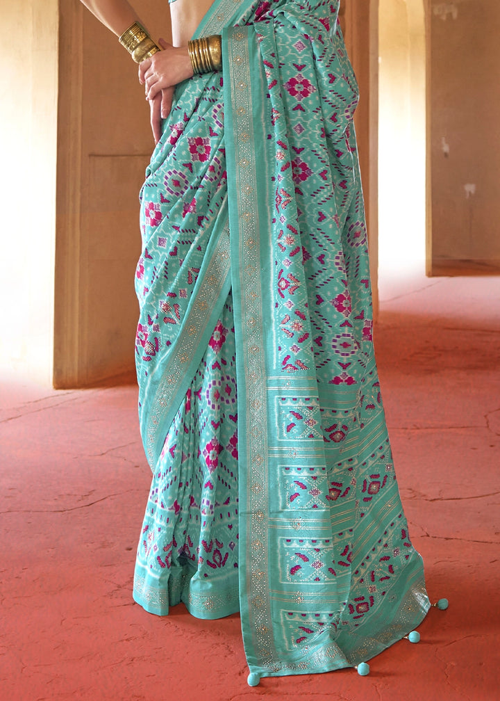 Navy Blue Silk Saree with Patola Pattern & Stone Stud Work