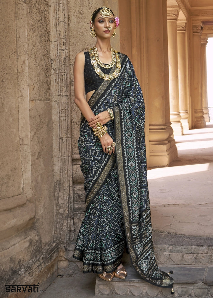 Dark Blue Traditional Patola Printed Silk Saree