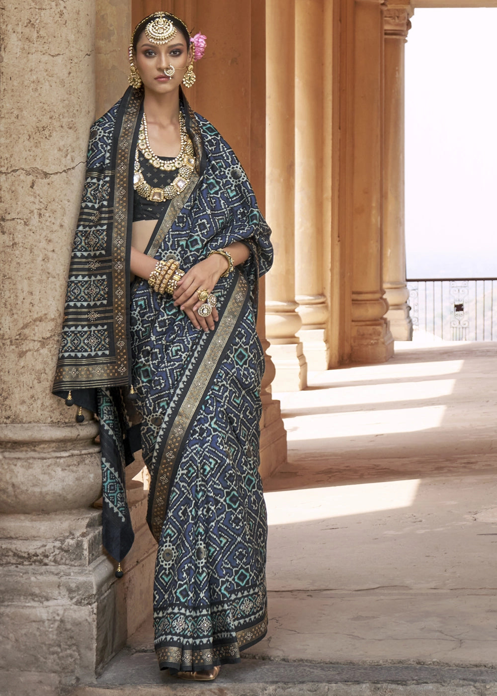 Dark Blue Traditional Patola Printed Silk Saree