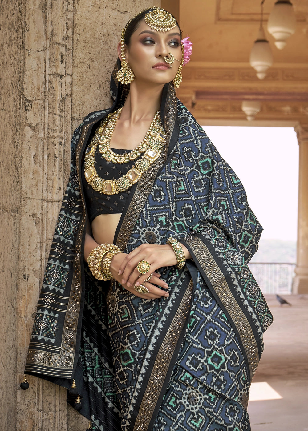 Dark Blue Traditional Patola Printed Silk Saree