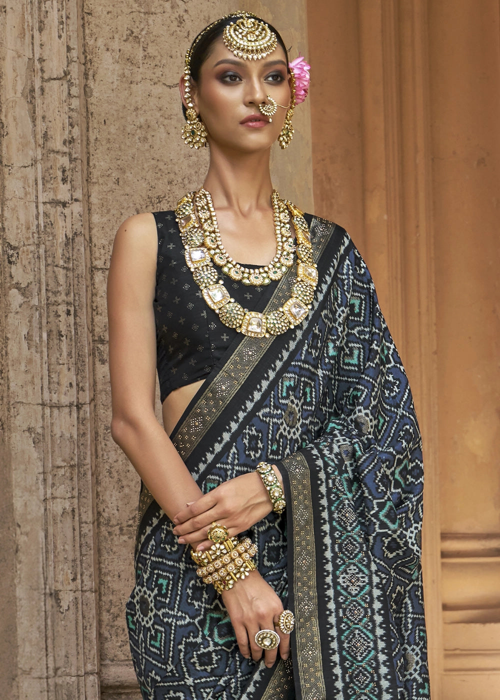 Dark Blue Traditional Patola Printed Silk Saree