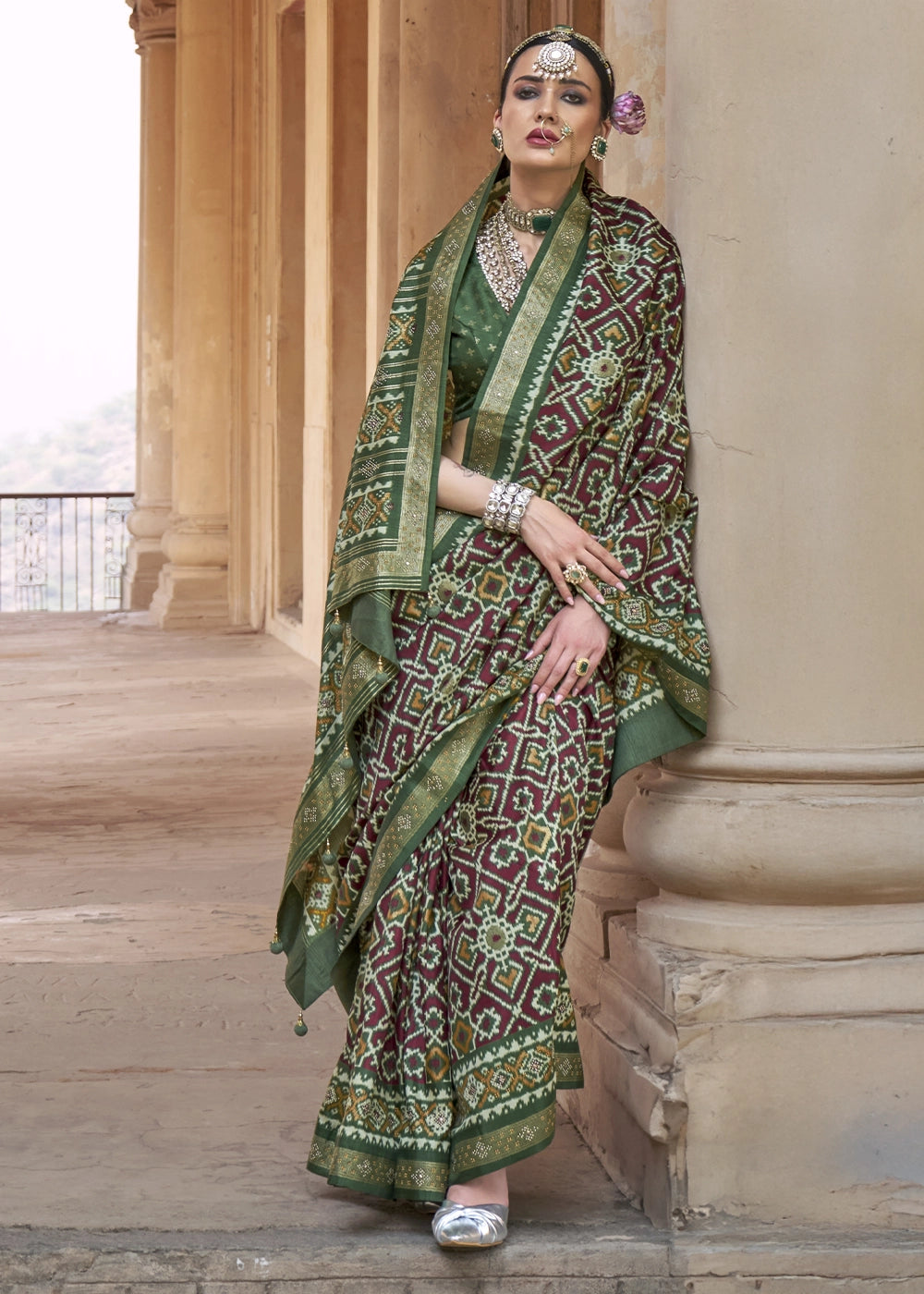 Purple & Green Traditional Patola Printed Silk Saree