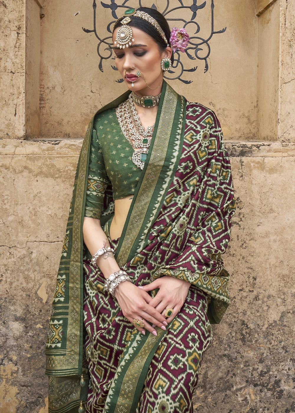 Purple & Green Traditional Patola Printed Silk Saree