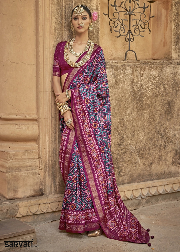 Blue and Pink Traditional Patola Printed Silk Saree