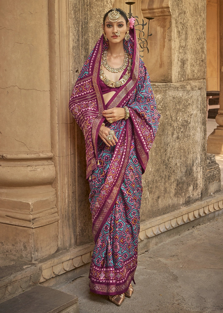 Blue and Pink Traditional Patola Printed Silk Saree