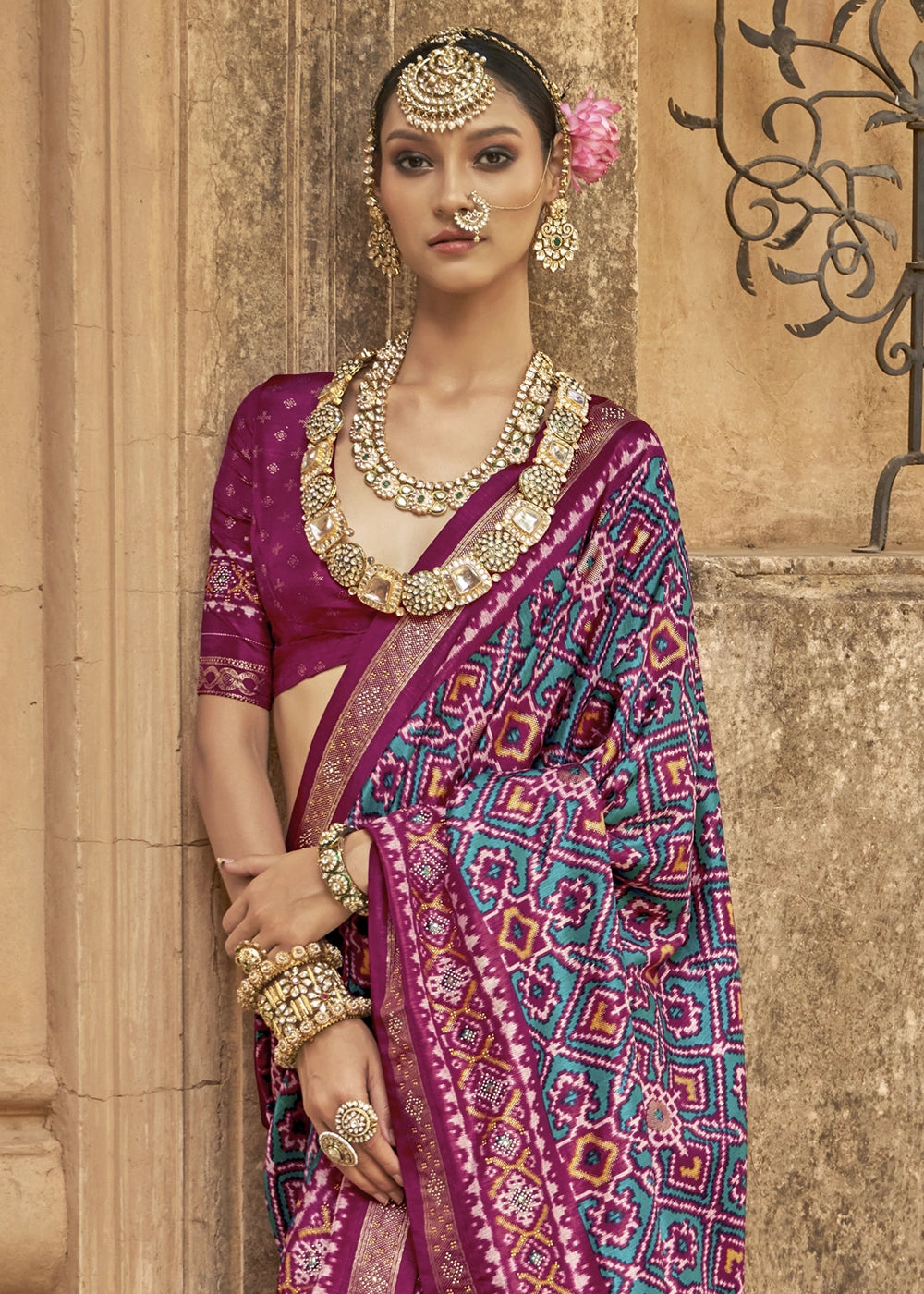 Blue and Pink Traditional Patola Printed Silk Saree