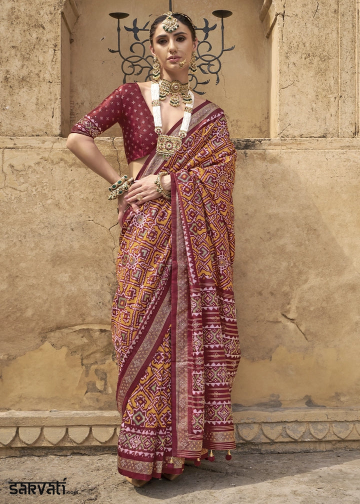 Orange & Red Traditional Patola Printed Silk Saree