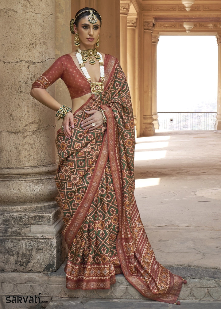 Green & Brown Traditional Patola Printed Silk Saree