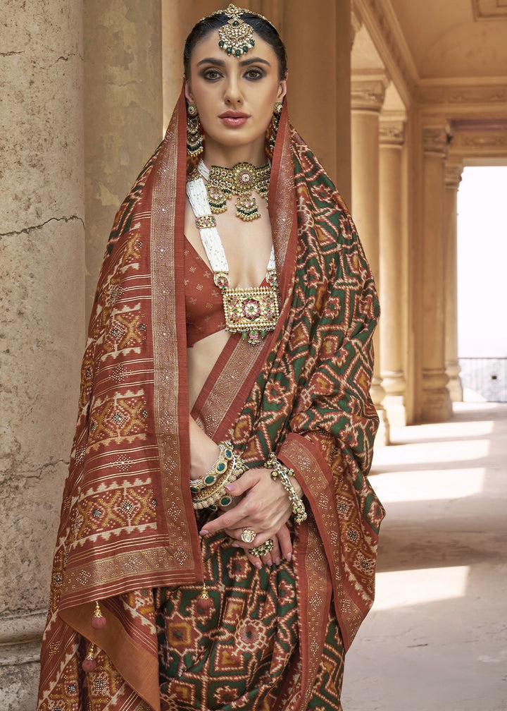 Green & Brown Traditional Patola Printed Silk Saree