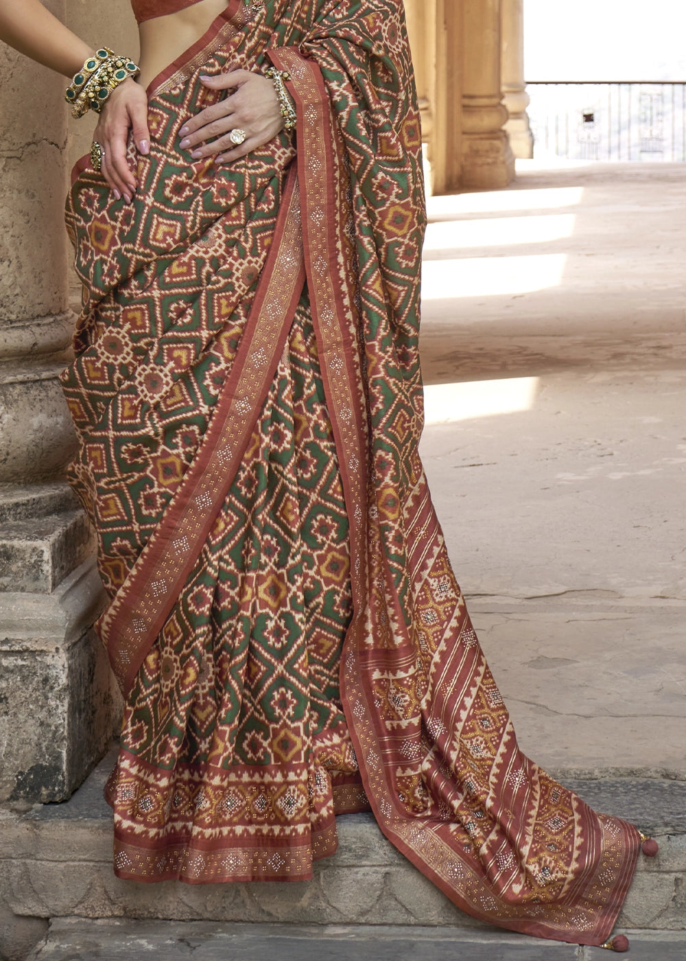 Green & Brown Traditional Patola Printed Silk Saree