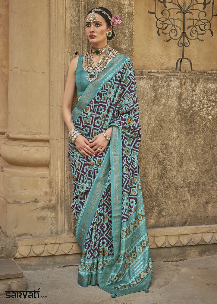 Cyan Blue Traditional Patola Printed Silk Saree