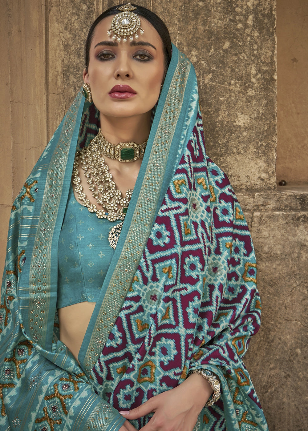 Cyan Blue Traditional Patola Printed Silk Saree