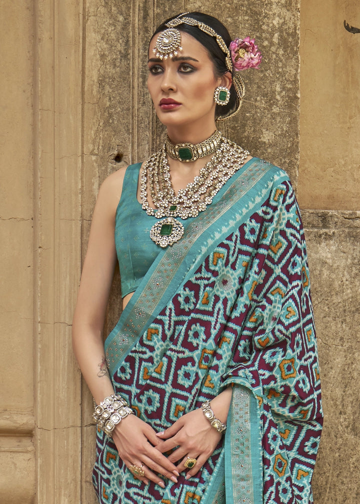 Cyan Blue Traditional Patola Printed Silk Saree